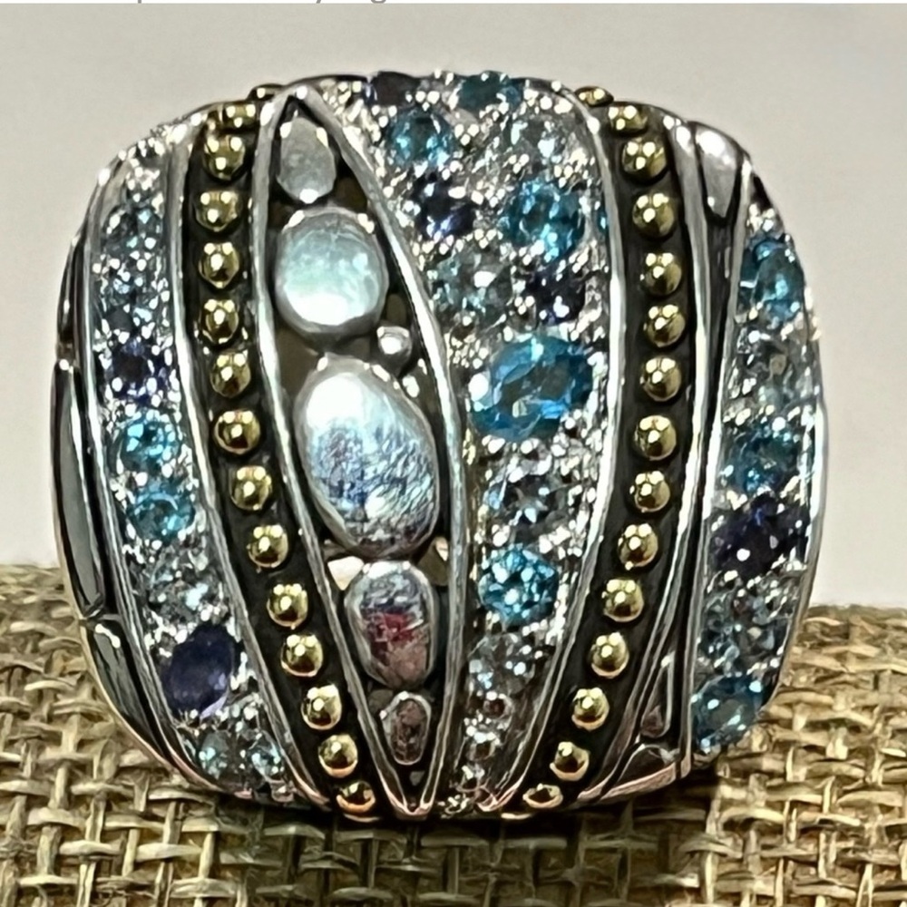 John Hardy Silver and Gold Ring with Blue Accents